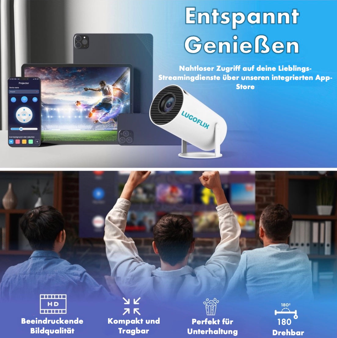 LUGOFLIX Pro 4K Beamer – Tragbarer Projektor in Kinoqualität