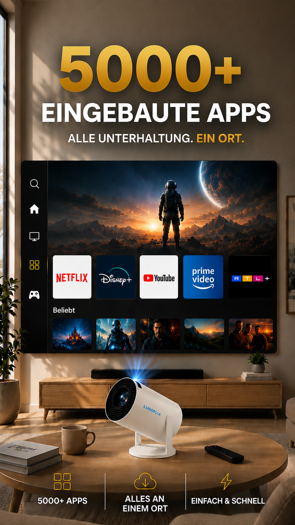 LUGOFLIX Pro 4K Beamer – Tragbarer Projektor in Kinoqualität