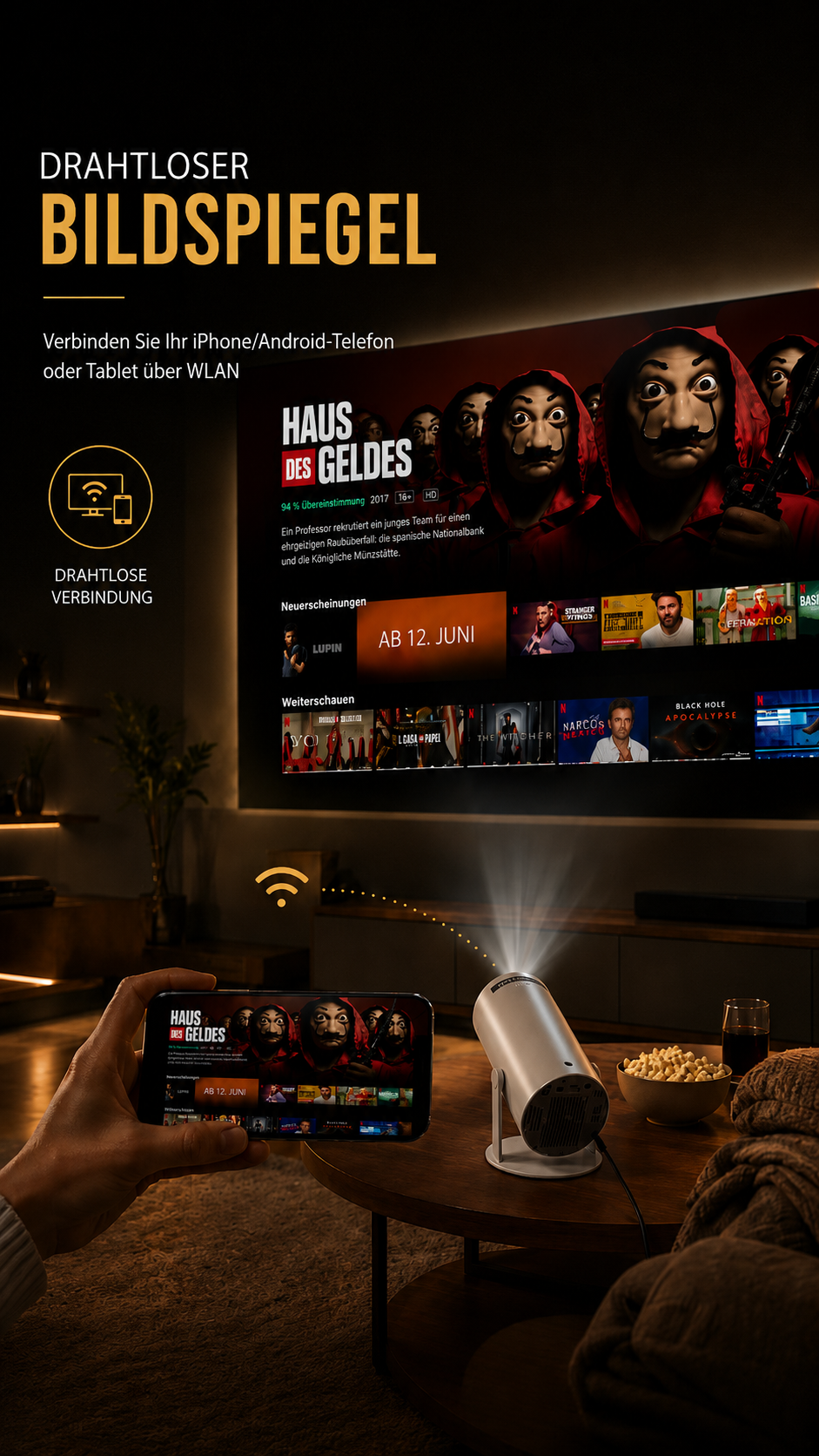 LUGOFLIX Pro 4K Beamer – Tragbarer Projektor in Kinoqualität